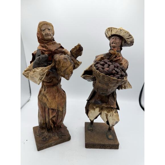 Mexican Folk Art Corn Husk Figurines Man & Woman Market Scene 12” Pair - Picture 1 of 11